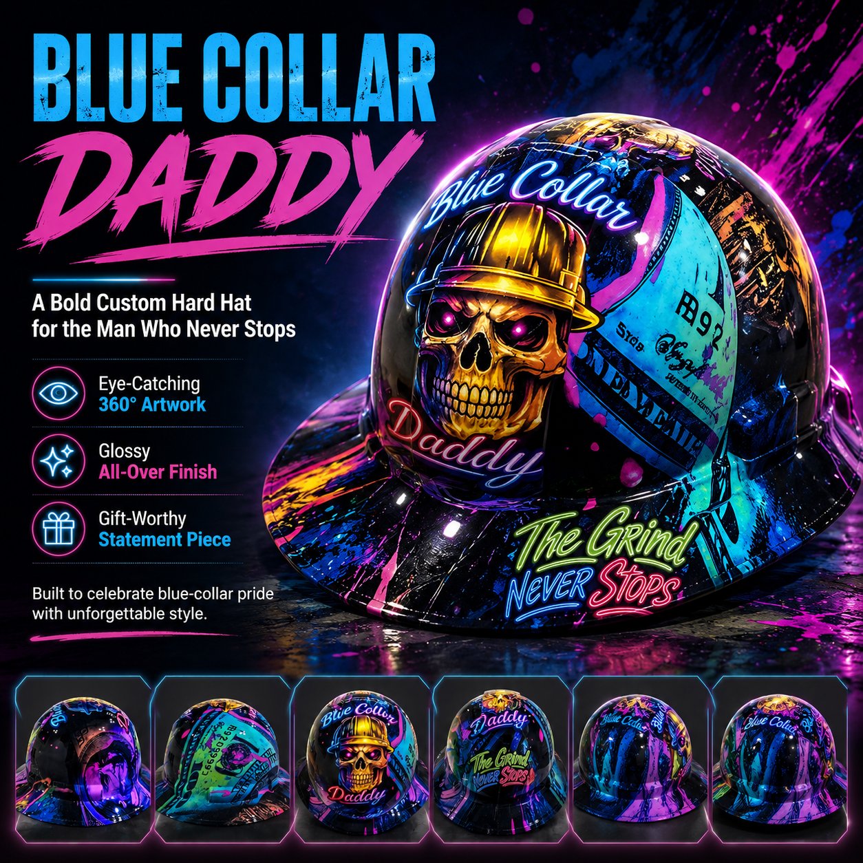 🎁Father’s Day 49% OFF - 👷🔥 Blue Collar Daddy Hydro-Dipped Hard Hat | Industrial Rigid Impact-Resistant Safety Helmet with Full-Wrap Gloss Artwork