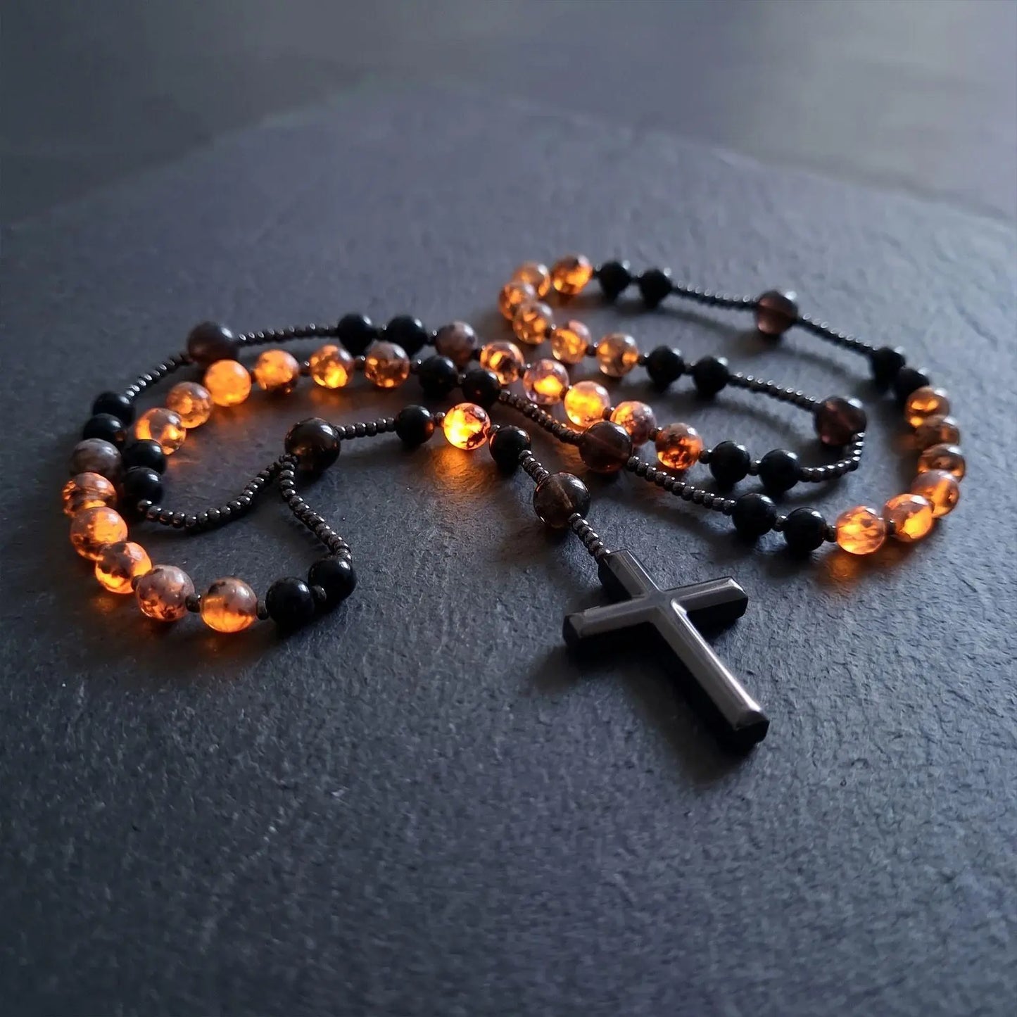 Natural Obsidian & Yooperlite Cross Rosary Necklace