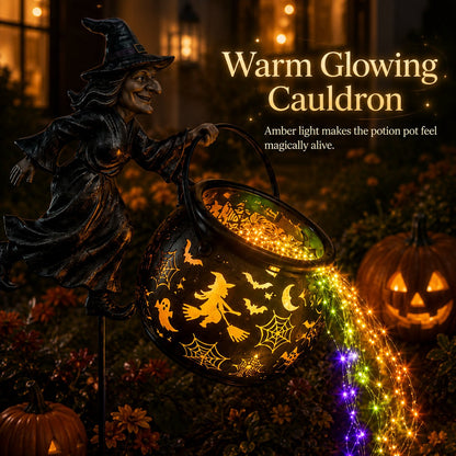 🎃Glowing Witch Cauldron Garden Stake Light – Magical Rainbow Halloween Yard Decor 🧙‍♀️✨
