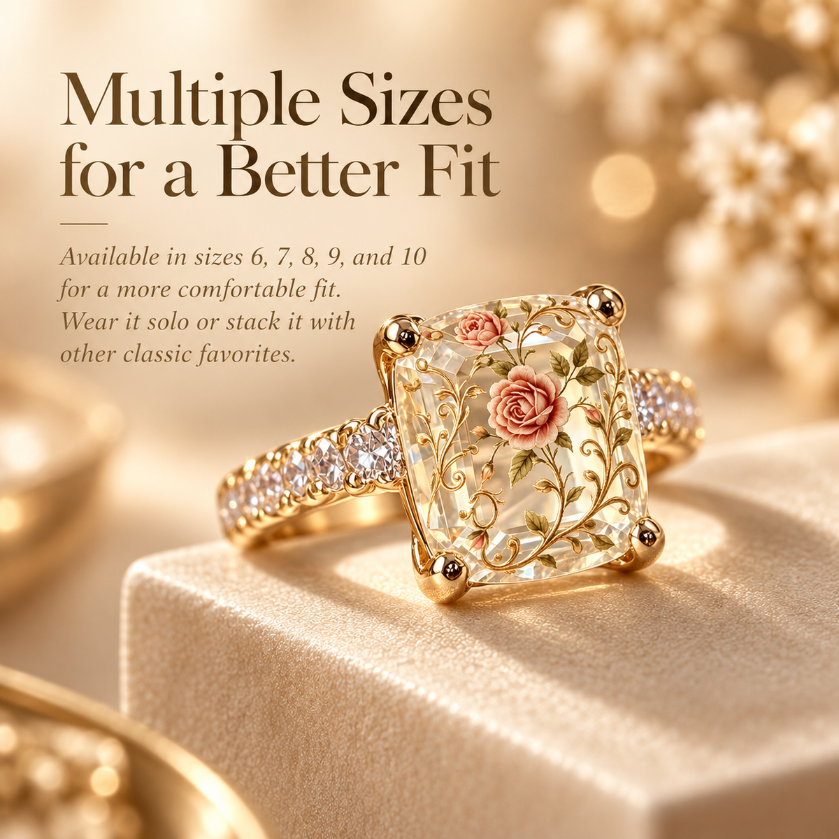 💍 Old-World Floral Ring – Square Crystal Statement Jewelry for Women