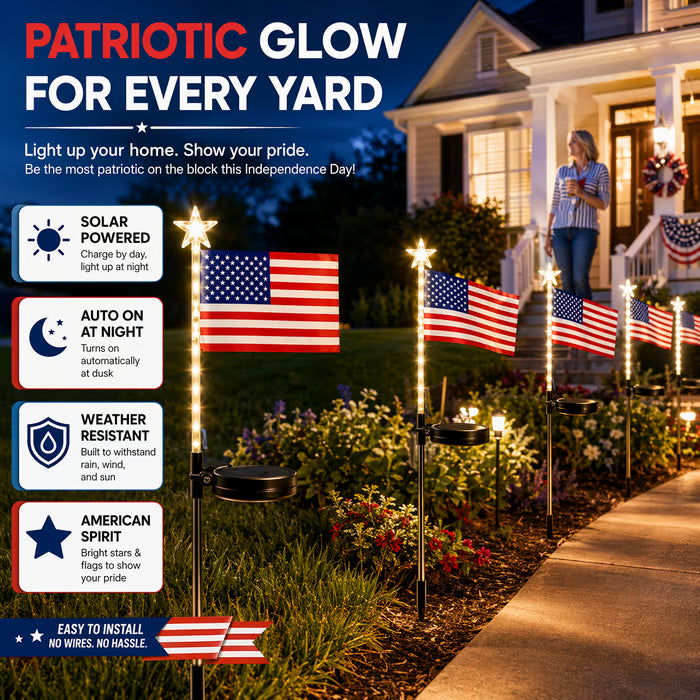 ☀️8-in-1 Solar American Flag Garden Stakes✨ IP65 Weatherproof & Auto-On Patriotic Decor
