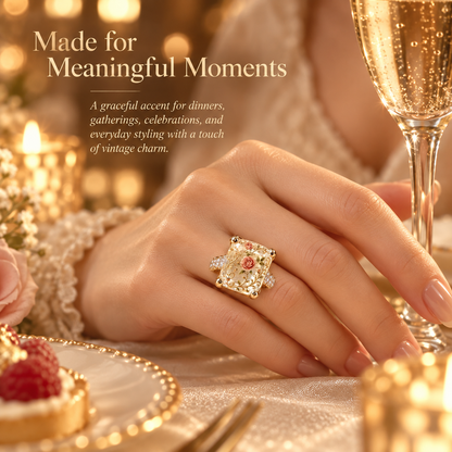 💍 Old-World Floral Ring – Square Crystal Statement Jewelry for Women
