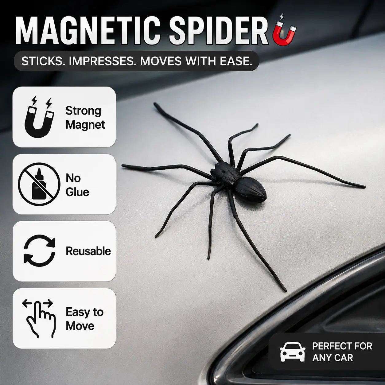 ✨5-Pack Funny Magnetic Spider Car Decor, Removable Magnet for Cars & Trucks ✅