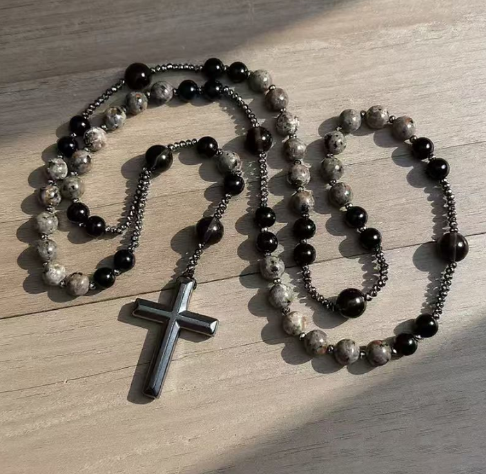 Natural stone rosary necklace with cross pendant