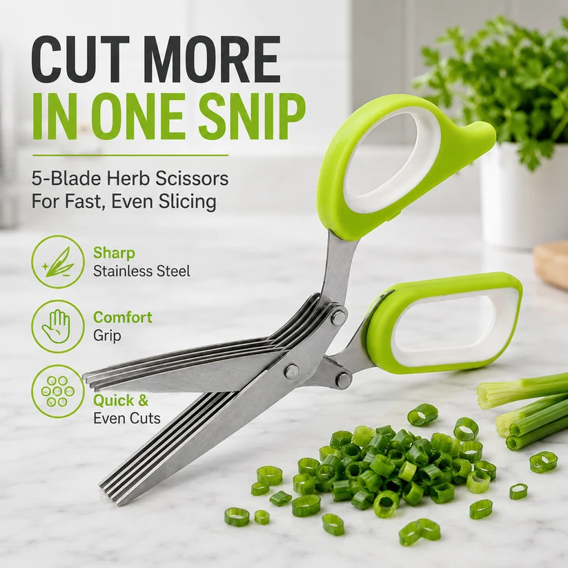 ✂️Herb Scissors 5 Blade Kitchen Shears, Multipurpose Herb Cutter with Safety Cover & Cleaning Comb for Basil Chive Parsley