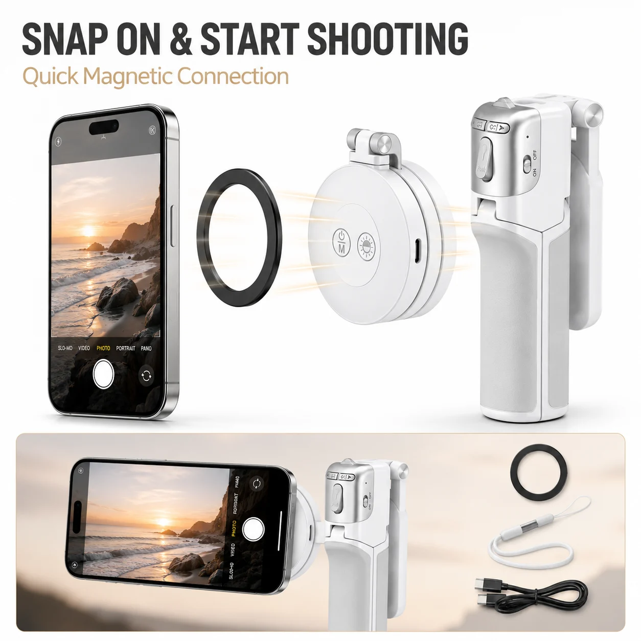📸 Zoomable Magnetic Palm Grip | Selfie Stick & Tripod