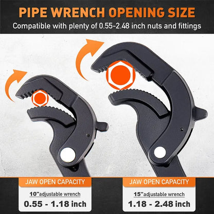 🛠️10′′ & 15′′ Self-Adjusting Pipe Wrench Set – Heavy Duty for Plumbing, HVAC, Nuts, Pipes & Fixtures