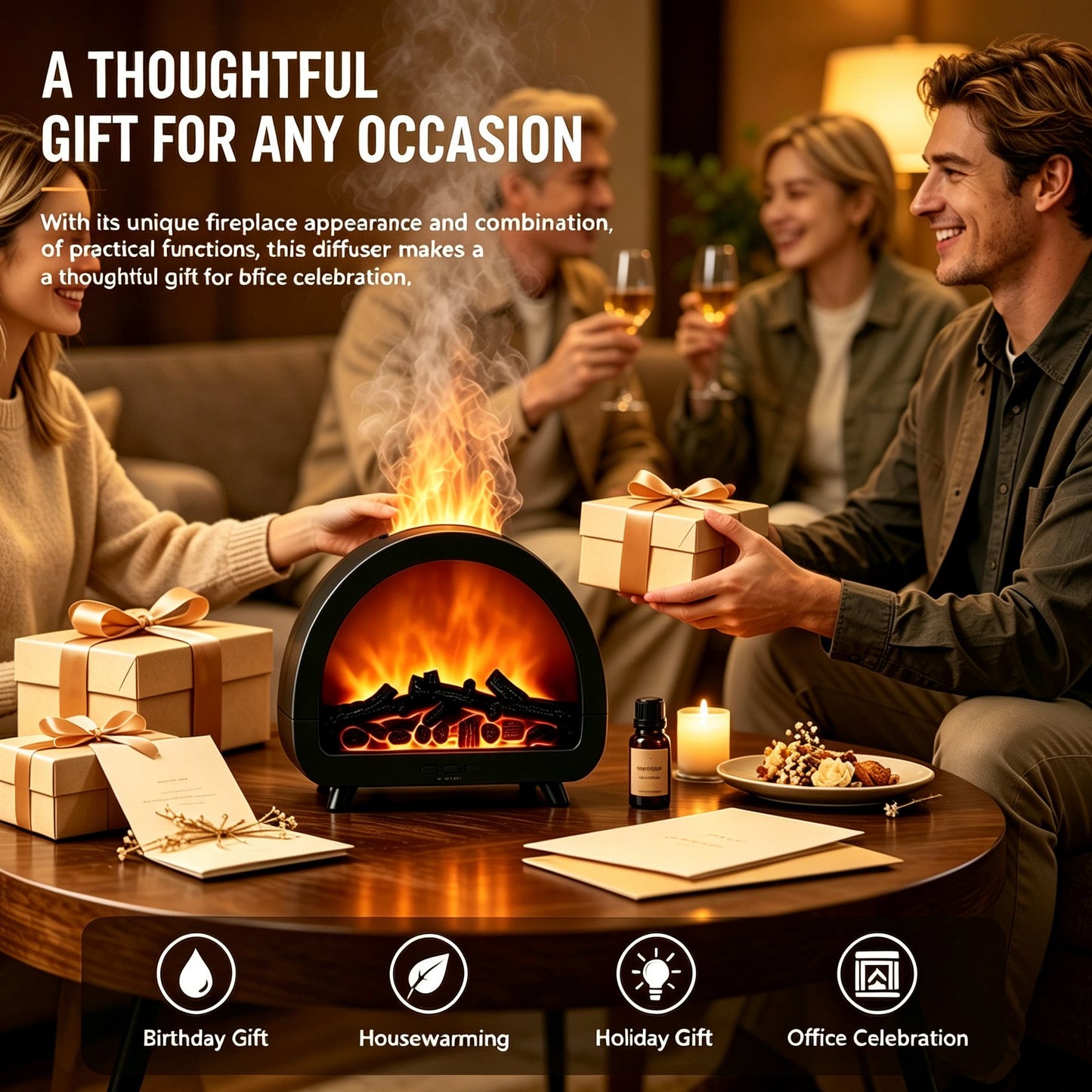 Fireplace Flame Essential Oil Diffuser - 7 Color Ultrasonic Aromatherapy Humidifier