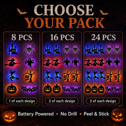 🎃8 Pack Halloween LED Silhouette Wall Light Stickers, Battery Powered Peel & Stick Decor Lights