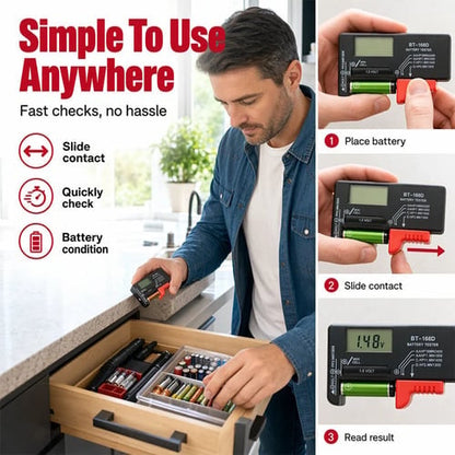 Digital Battery Checker – Large LCD display shows exact remaining power. Compact & portable – test before you toss! 🧪💪