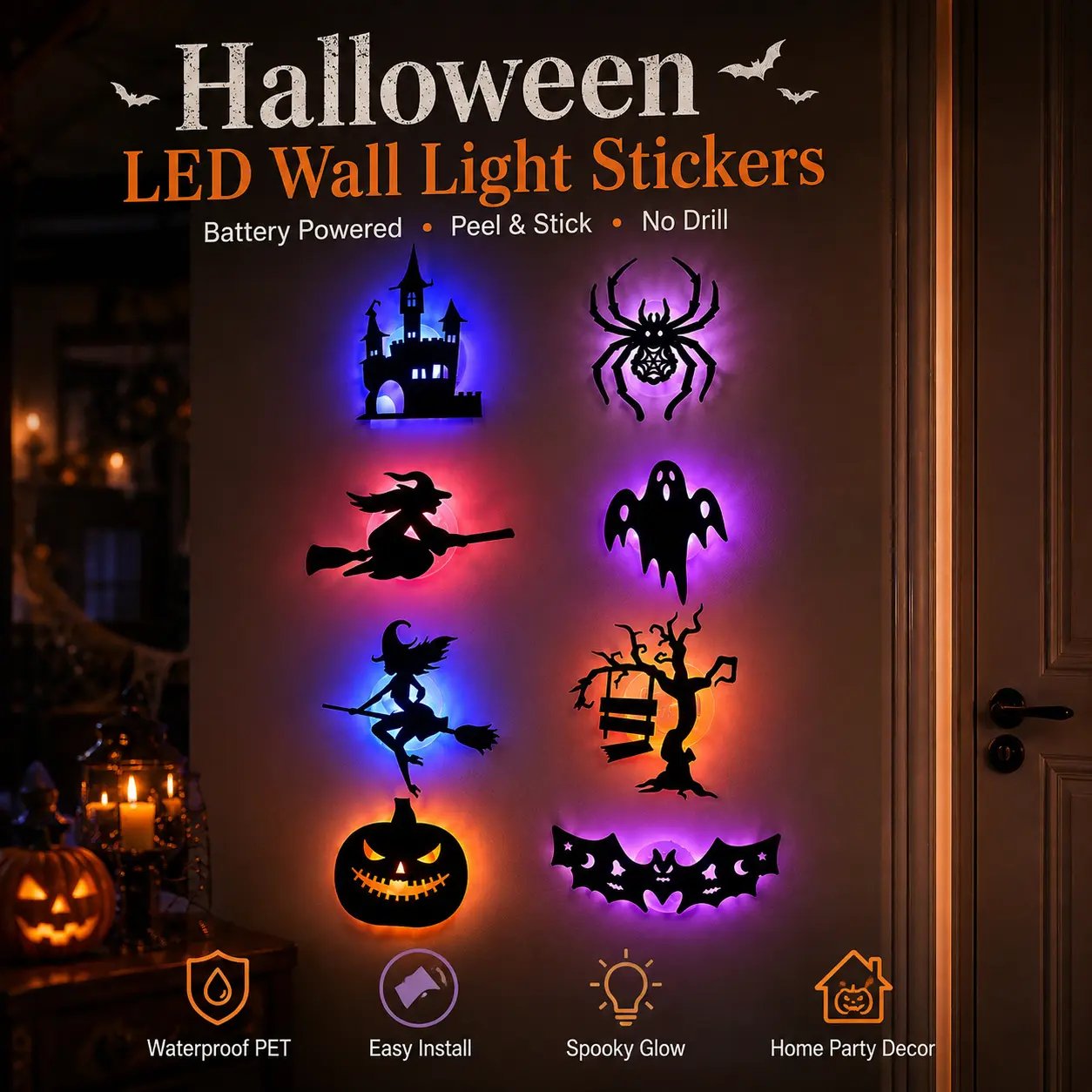 🎃8 Pack Halloween LED Silhouette Wall Light Stickers, Battery Powered Peel & Stick Decor Lights