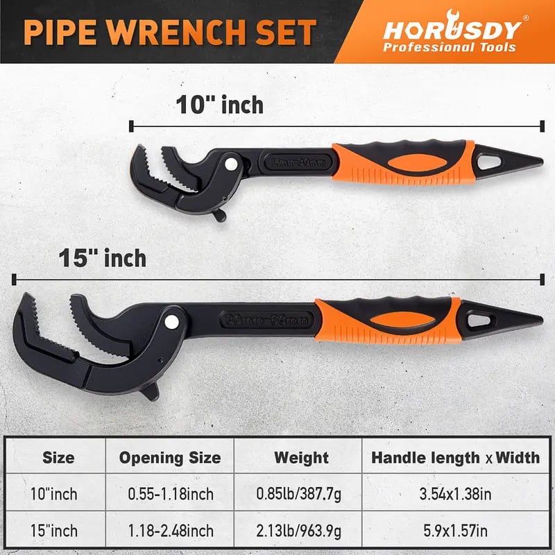 🛠️10′′ & 15′′ Self-Adjusting Pipe Wrench Set – Heavy Duty for Plumbing, HVAC, Nuts, Pipes & Fixtures