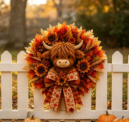 🍁🐮 Today Only 49% OFF🔥 Autumn Highland Cow Wreath | Charming Front Door Decor for Fall