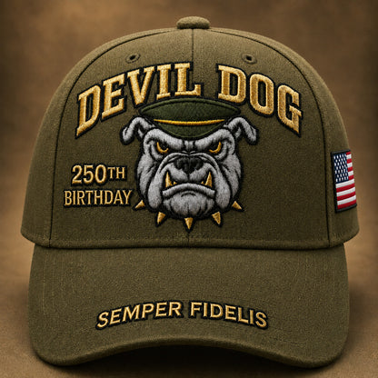 🔥 Father’s Day Sale - ❤️ Handmade Embroidered Devil Dog USMC 250th Birthday Commemorative Cap 🇺🇸