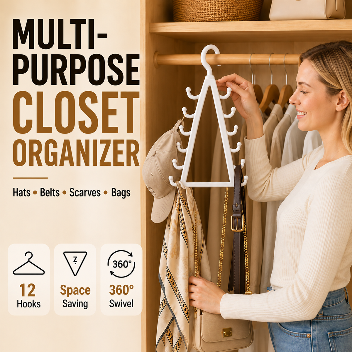 ✨ 12-Hook V-Shaped Closet Organizer – Save Space & Keep Accessories Tidy