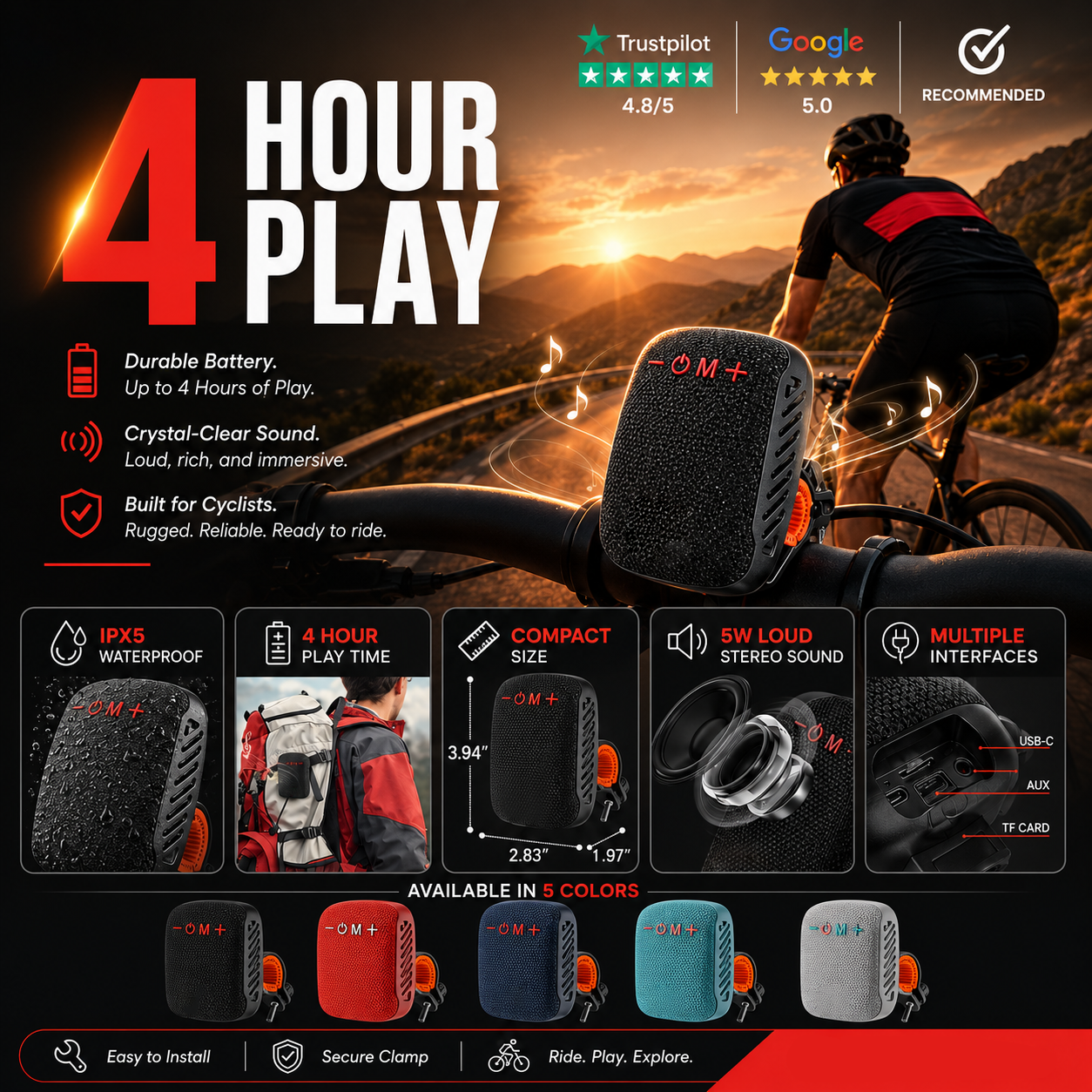Waterproof Bicycle Bluetooth Speaker with Mounting Bracket