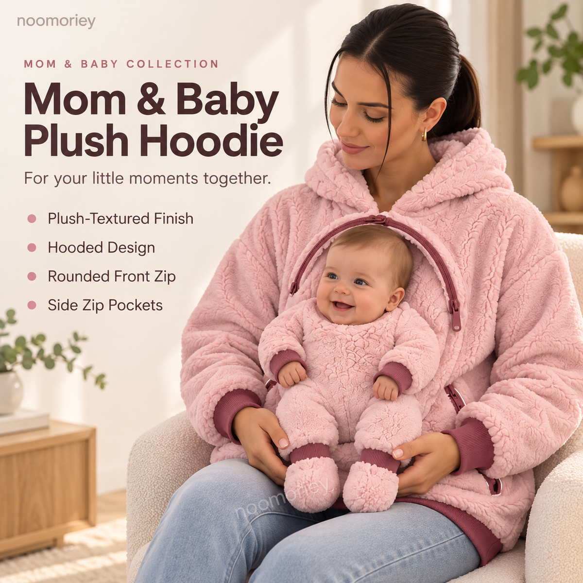 Mom & Baby Plush Hoodie – Cozy Pullover with Front Zip Panel