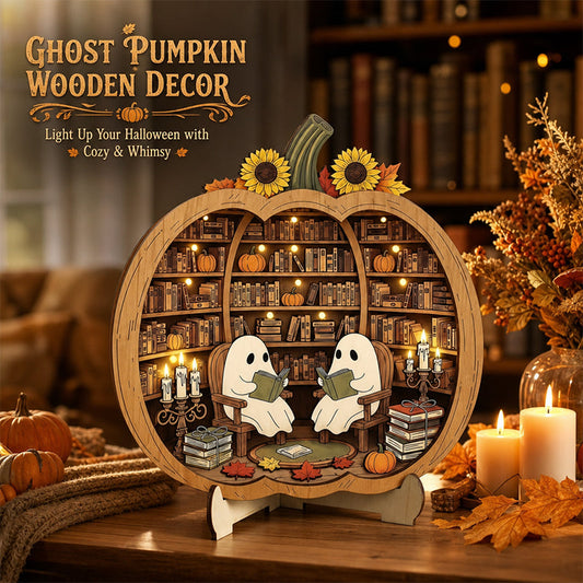 👻 Enchanting Halloween Ghost Pumpkin Decor | Cozy Wooden Tabletop Ornament with Charming Scenes