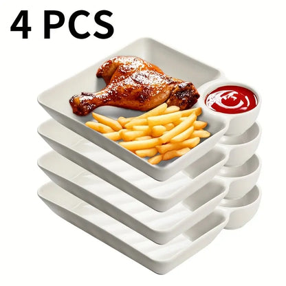 🍟 4-Piece Snack Plate Set with Built-In Dipping Sauce Bowl