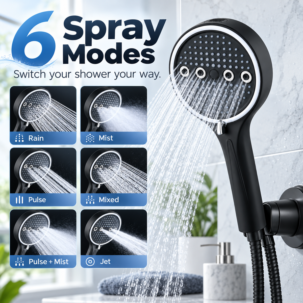 6-Mode High-Pressure Turbo Shower Head 🚿