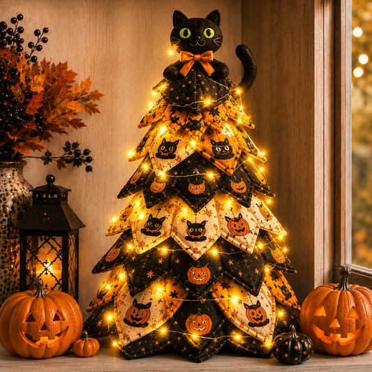 🎃✨ Lighted Halloween Quilted Fabric Tree – Cozy Handmade Glow Decoration