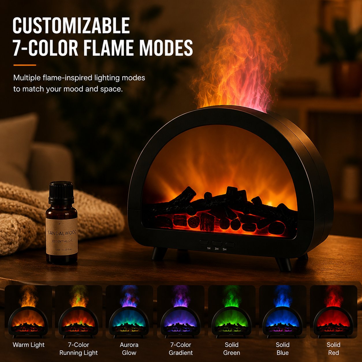 Fireplace Flame Essential Oil Diffuser - 7 Color Ultrasonic Aromatherapy Humidifier