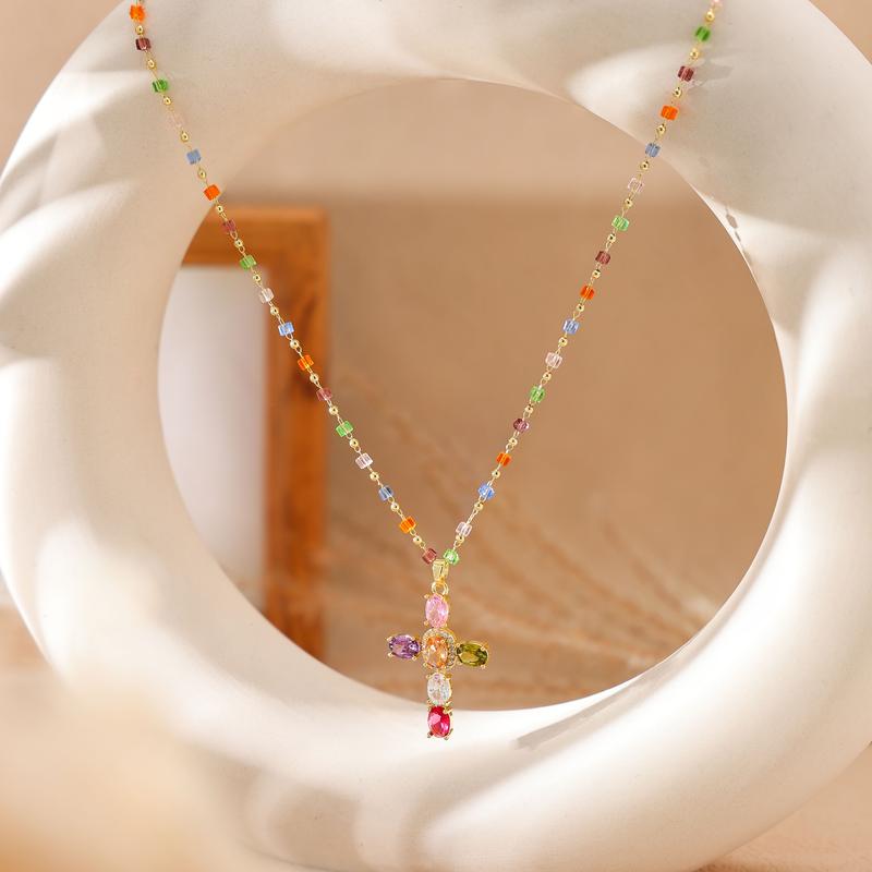 Multicolor Cubic Zirconia Cross Pendant Necklace
