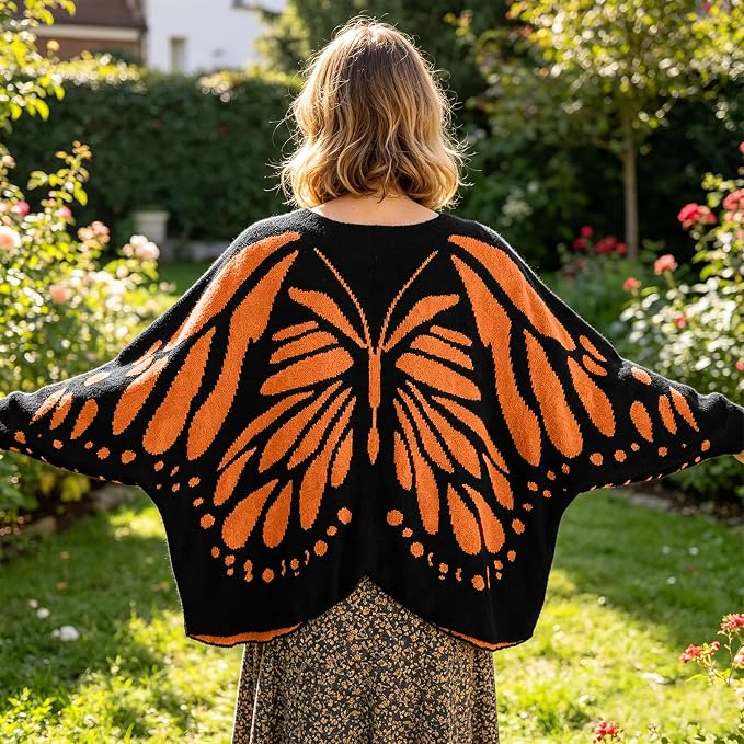 🦋Monarch butterfly-patterned knit cape/shawl-style cardigan