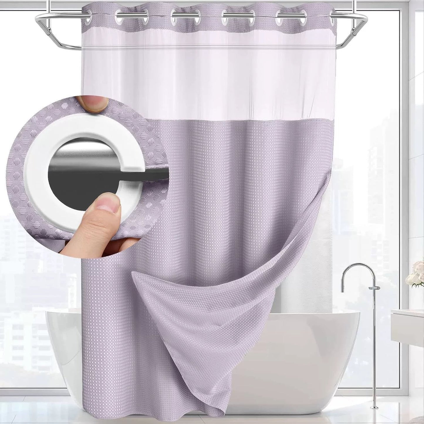Hookless Shower Curtain with Snap-in Liner – Waterproof Double-Layer Design – Fabric Curtain with Waterproof Liner (White)