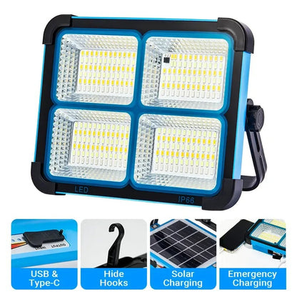 🔦Solar Rechargeable LED Work Light: 288 LED Bright Floodlight, USB-C Charging, 11000mAh, Magnetic Waterproof for Camping Emergency