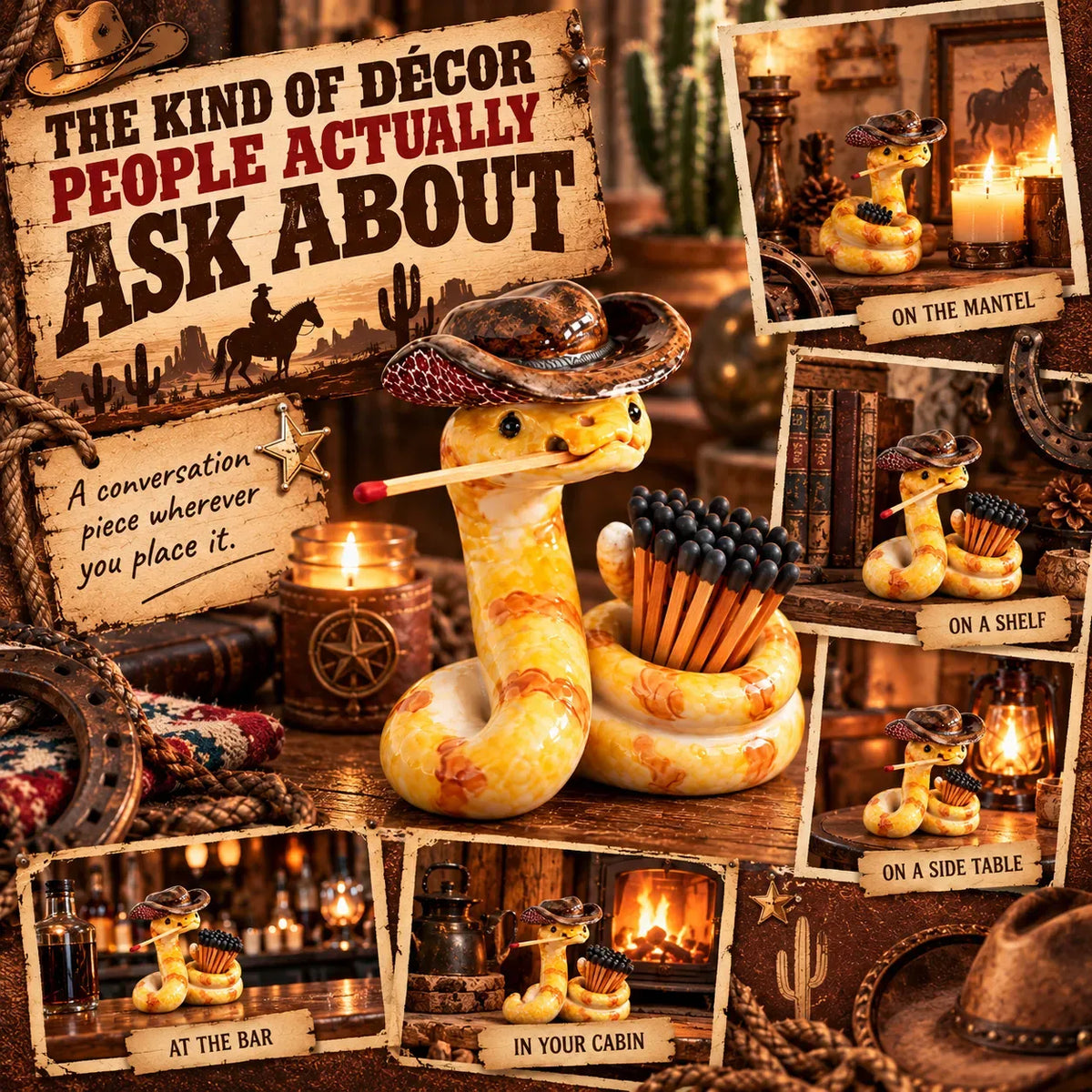 🤠 The Cowboy Rattler™ Match Holder | Funny Western Snake Décor for Cabins, Mantels & Bars 🐍