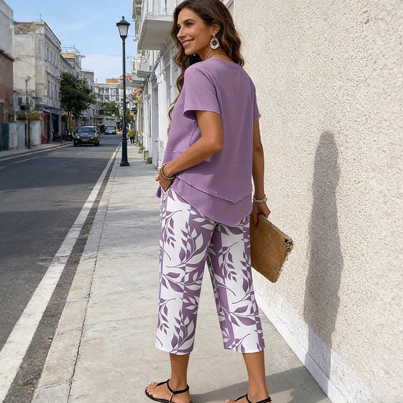 ⏳Limited-time 49% off⏰Casual Round Neck Layered Tunic Top & Wide Leg Pants Set👚👖