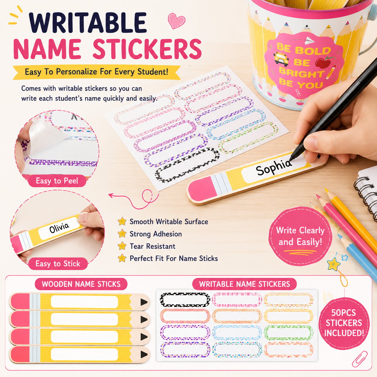 121 Pcs Back to School Teacher Gift Flip Name Sticks Set with Storage Cup