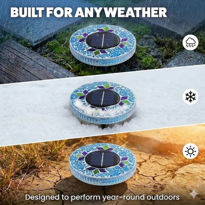 Solar Disk Lights – Handcrafted Mosaic Outdoor LED Waterproof In-Ground & Tabletop Wireless Lighting