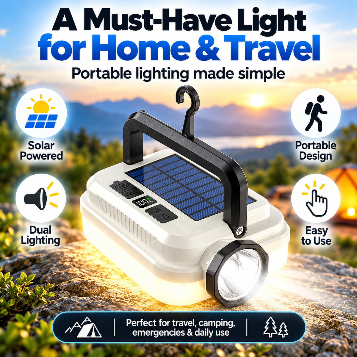 🏕️🔥Dual‑Light Solar Camping Lantern‑Multi‑Function Portable Solar Work Light with Power Bank, Hanging Emergency Lamp for Camping Hiking Power‑Outage