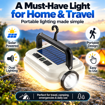 🏕️🔥Dual‑Light Solar Camping Lantern‑Multi‑Function Portable Solar Work Light with Power Bank, Hanging Emergency Lamp for Camping Hiking Power‑Outage