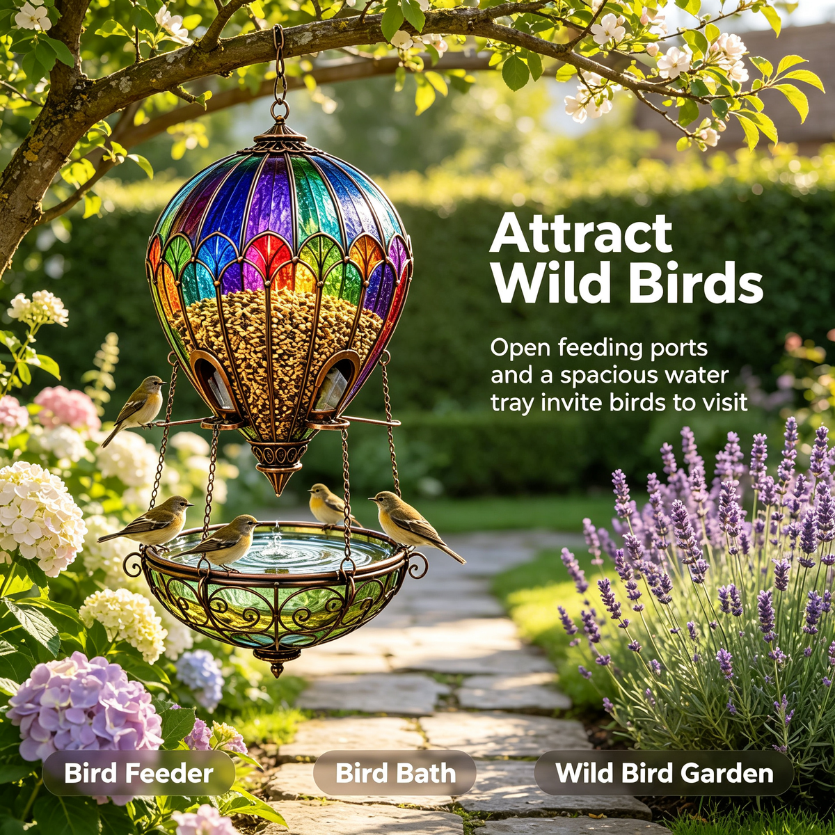 🌈 Stained Glass Hot Air Balloon Bird Feeder & Bird Bath Fountain 🐦