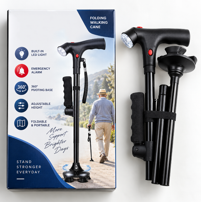 🦯LIMITED-TIME 50% OFF! 💡 Multifunction Folding Walking Cane – Built-In Light, Emergency Alarm, Quad Base & 5-Level Height Adjustment✨