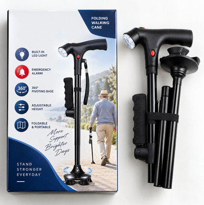 🦯LIMITED-TIME 50% OFF! 💡 Multifunction Folding Walking Cane – Built-In Light, Emergency Alarm, Quad Base & 5-Level Height Adjustment✨