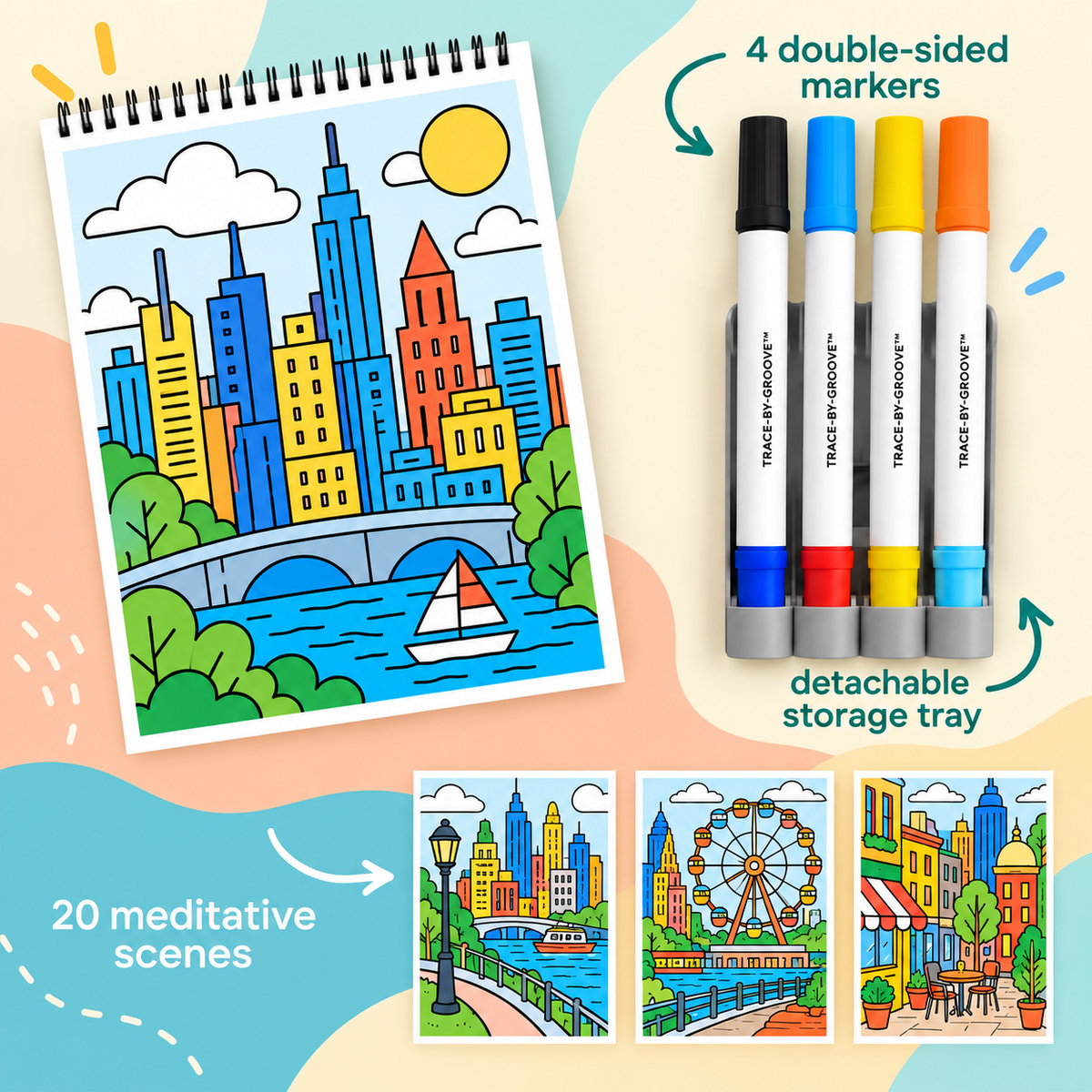 🥳2026 HOT SALE🥳💞50K+ SOLD! 🥚 🌿Trace-By-Groove Guided Flow Art Coloring Pad with Double-Sided Markers 🎨