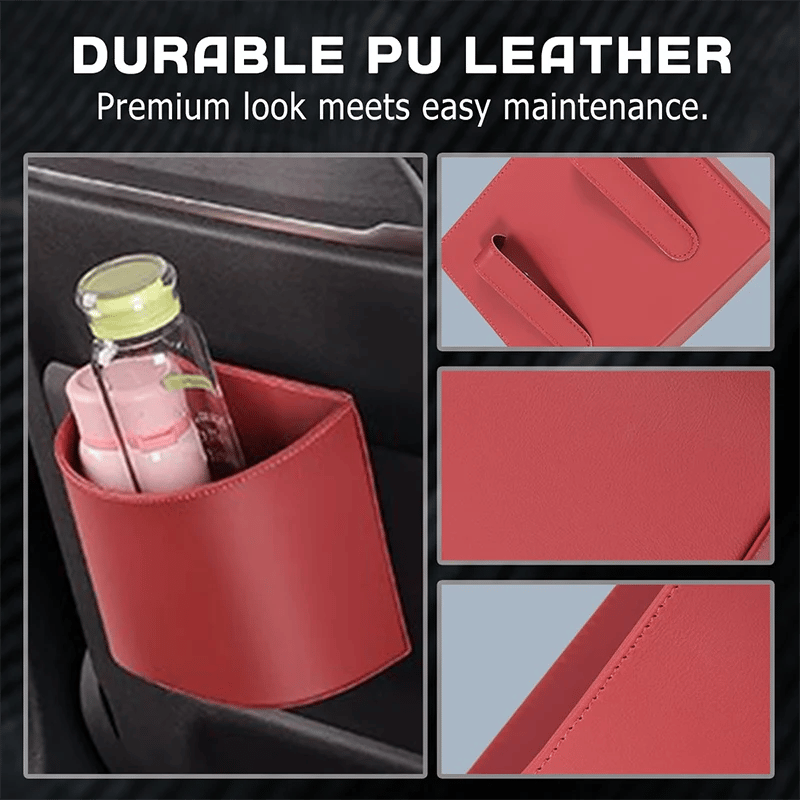 Leather Car Door Cup Holder – Wide‐mouth opening, easy reach for drinks & phone. Clip‐on secure fit. PU leather, tough & stylish. 🛡️✨