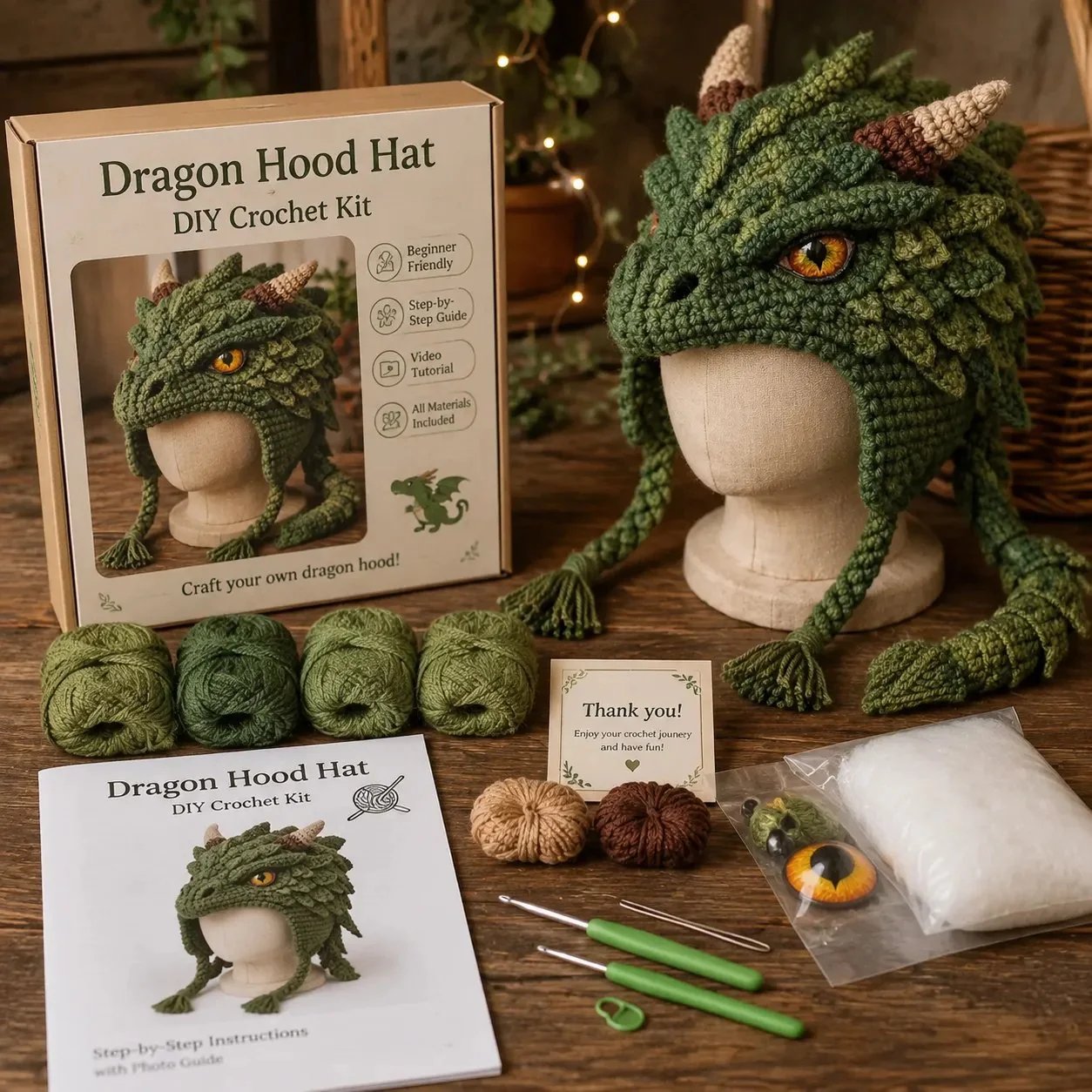 🐉🧶 Fantasy Hood Hat DIY Crochet Kit – Stitch Your Own Magical Character