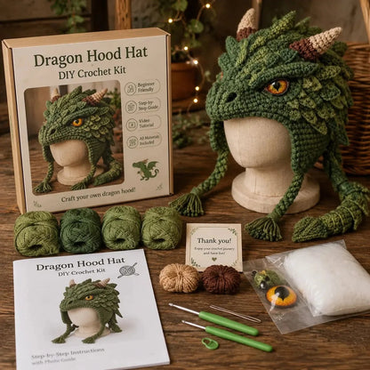 🐉🧶 Fantasy Hood Hat DIY Crochet Kit – Stitch Your Own Magical Character