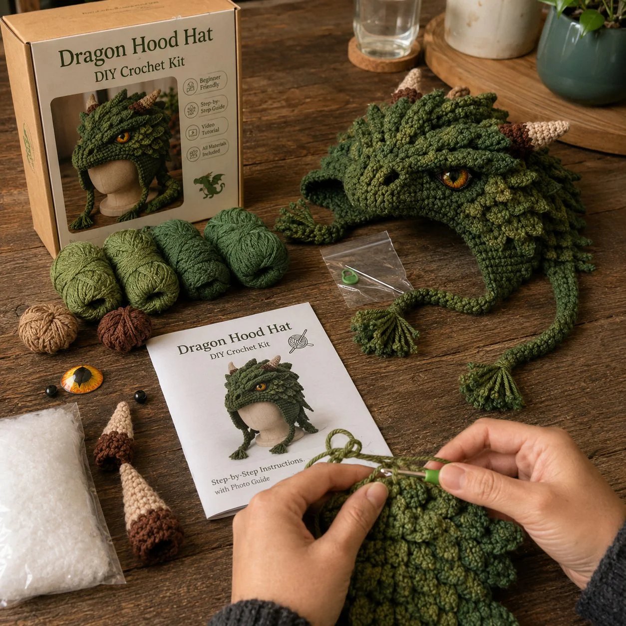 🐉🧶 Fantasy Hood Hat DIY Crochet Kit – Stitch Your Own Magical Character
