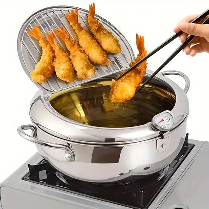 🥗Kitchen Essentials 🍳 304 Stainless Steel Deep Fryer Pot – Thermometer, Oil Drain Rack, Splatter-Proof Lid