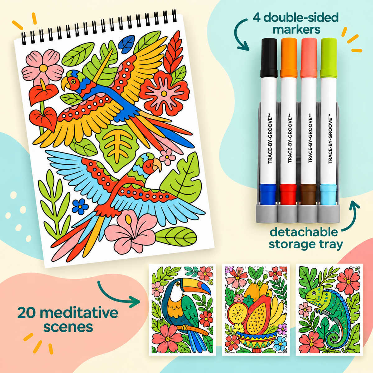 🥳2026 HOT SALE🥳💞50K+ SOLD! 🥚 🌿Trace-By-Groove Guided Flow Art Coloring Pad with Double-Sided Markers 🎨