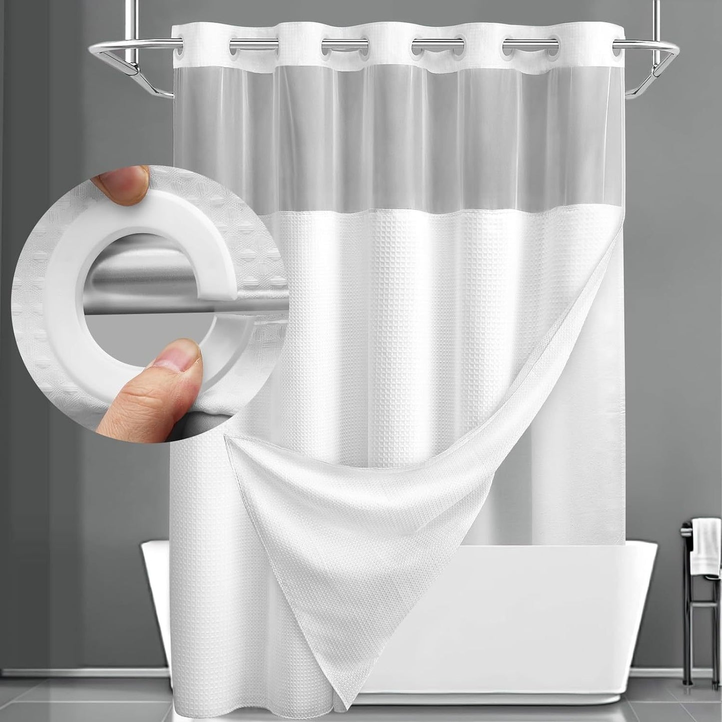 Hookless Shower Curtain with Snap-in Liner – Waterproof Double-Layer Design – Fabric Curtain with Waterproof Liner (White)