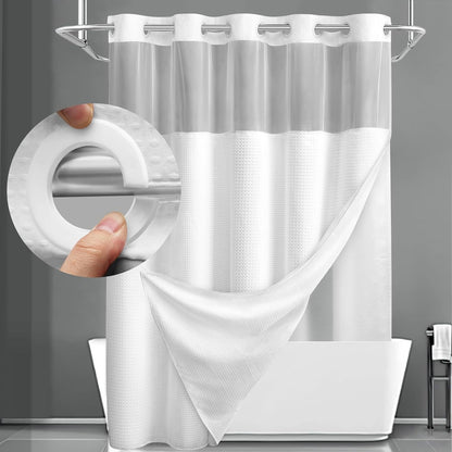 Hookless Shower Curtain with Snap-in Liner – Waterproof Double-Layer Design – Fabric Curtain with Waterproof Liner (White)