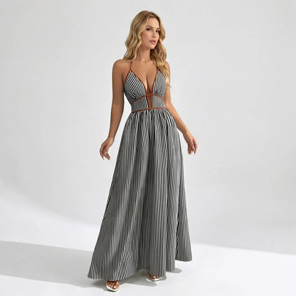 🔥2026 NEW ARRIVAL🔥Women's Elegant Pinstripe Deep V Neckline Adjustable Halter Maxi Dress