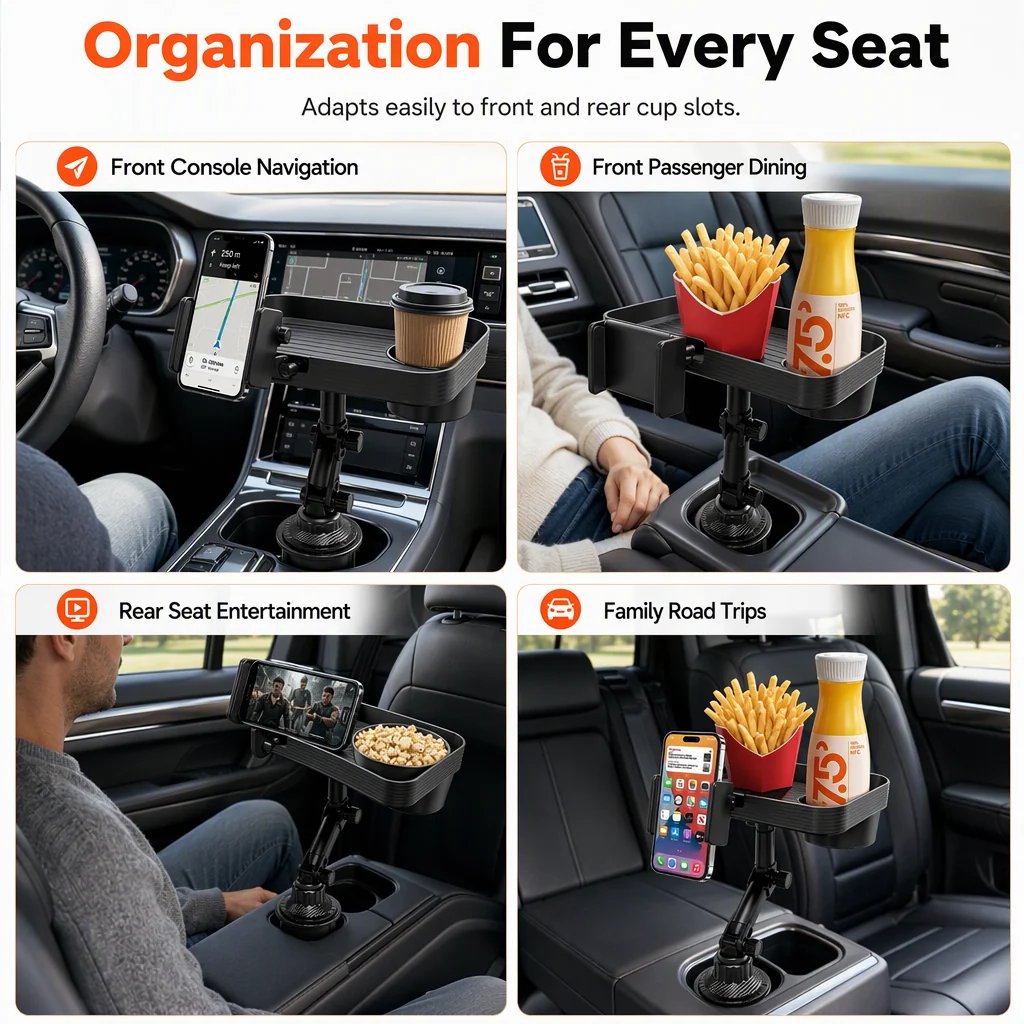 Phone holder and tray mounted in a vehicle cup holder
